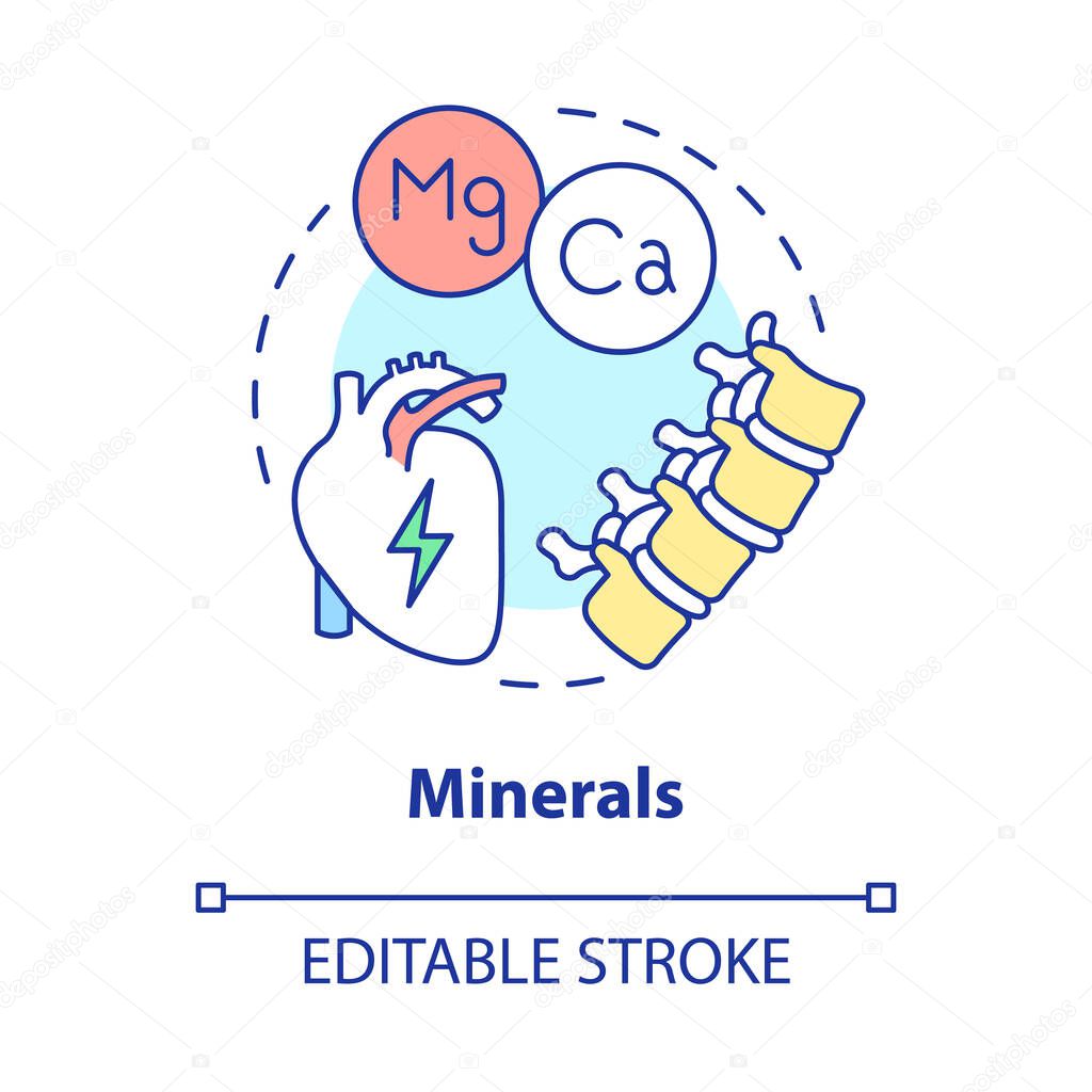 Minerals concept icon. Fitness and healthcare supplements abstract idea thin line illustration. Isolated outline drawing. Editable stroke. Roboto-Medium, Myriad Pro-Bold fonts used