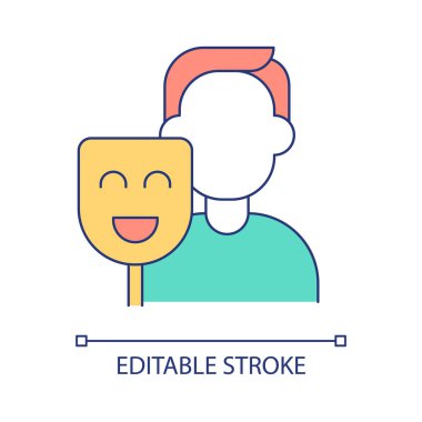 Mutlu maskenin arkasında saklı duygular RGB renk simgesi. Zihinsel bozukluk. Başka biriymiş gibi davran. İzole vektör çizimi. Basit bir çizgi çizimi. Düzenlenebilir felç. Kullanılan Arial yazı tipi