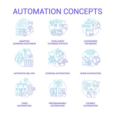 Otomasyon mavisi konsept simgeleri ayarlandı. Ev yapımı otomatikleştirilmiş cihazlar ince çizgi renk çizimleri tasarlıyor. İzole ana hatlı çizimler. Düzenlenebilir felç. Kullanılan Roboto-Orta, Myriad Pro-Kalın yazı tipleri