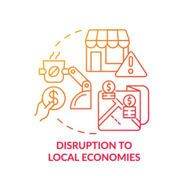 Yerel ekonomilerde bozulma kırmızı gradyan konsept ikonu. Otomasyon soyut fikir ince çizgi çizimi. İzole bir taslak çizim. Düzenlenebilir felç. Kullanılan Roboto-Orta, Myriad Pro-Kalın yazı tipleri