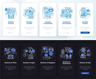 İş gecesi ve gündüz modu ülkeleri mobil uygulama ekranında. Çizgisel kavramlarla dolu 5 aşamalı grafik talimatları. UI, UX, GUI şablonu. Kullanılan sayısız Pro-Kalın, Düzenli yazı tipleri