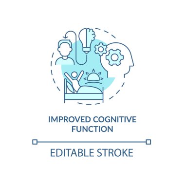 Gelişmiş bilişsel işlevler turkuaz konsept ikonu. Sabahın erken saatlerinde soyut bir fikirle uyanmak ince çizgi çizimi. İzole bir taslak çizim. Düzenlenebilir felç. Kullanılan Roboto-Orta, Myriad Pro-Kalın yazı tipleri