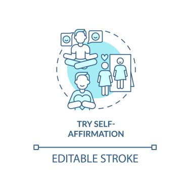 Kendini doğrulama turkuaz konsept ikonunu dene. Soyut ve ince çizgili çizgilerin refahı için olumlu bir zihniyet. İzole bir taslak çizim. Düzenlenebilir felç. Kullanılan Roboto-Orta, Myriad Pro-Kalın yazı tipleri
