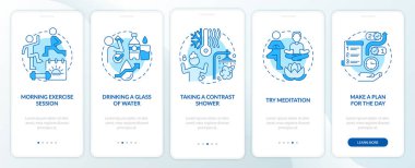 Mobil uygulama ekranında günlük rutin mavi. Bencil Bakım 5 adım grafik talimatları sayfaları doğrusal kavramlarla. UI, UX, GUI şablonu. Kullanılan sayısız Pro-Kalın, Düzenli yazı tipleri