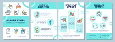 Sabah rutin nane broşürü. Sağlıklı hayat ipuçları. Doğrusal simgeli kitapçık baskı tasarımı. Sunum için vektör planları, yıllık raporlar, reklamlar. Arial-Black, Kullanılan Myriad Pro-Normal yazı tipleri