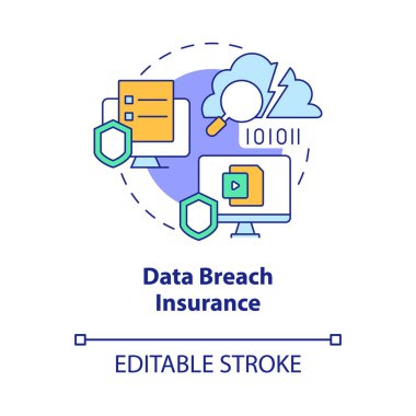 Veri ihlali sigorta konsepti ikonu. Çevrimiçi güvenlik. Şirket sigortası soyut fikri ince çizgi çizimi. İzole bir taslak çizim. Düzenlenebilir felç. Kullanılan Roboto-Orta, Myriad Pro-Kalın yazı tipleri