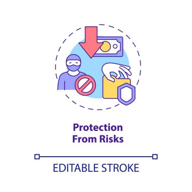 Risk konsepti ikonundan koruma. Güvenlik ve güvenlik. Şirket sigortası soyut fikri ince çizgi çizimi. İzole bir taslak çizim. Düzenlenebilir felç. Kullanılan Roboto-Orta, Myriad Pro-Kalın yazı tipleri