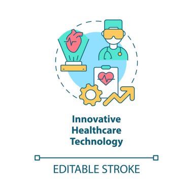 Yenilikçi sağlık teknolojisi konsepti ikonu. Şirket sigortası soyut fikri ince çizgi çizimi. İzole bir taslak çizim. Düzenlenebilir felç. Kullanılan Roboto-Orta, Myriad Pro-Kalın yazı tipleri