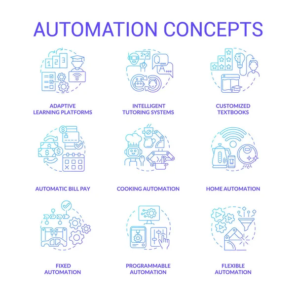 Otomasyon mavisi konsept simgeleri ayarlandı. Ev yapımı otomatikleştirilmiş cihazlar ince çizgi renk çizimleri tasarlıyor. İzole ana hatlı çizimler. Düzenlenebilir felç. Kullanılan Roboto-Orta, Myriad Pro-Kalın yazı tipleri