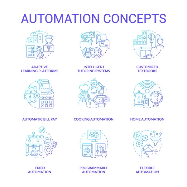 自動化青グラデーションのコンセプトアイコンを設定します 家庭用自動デバイスは 細い線の色のイラストを考えます 独立したアウトライン図面 編集可能なストローク Roboto Medium Myrid Pro Boldフォントの使用 — ストックベクタ