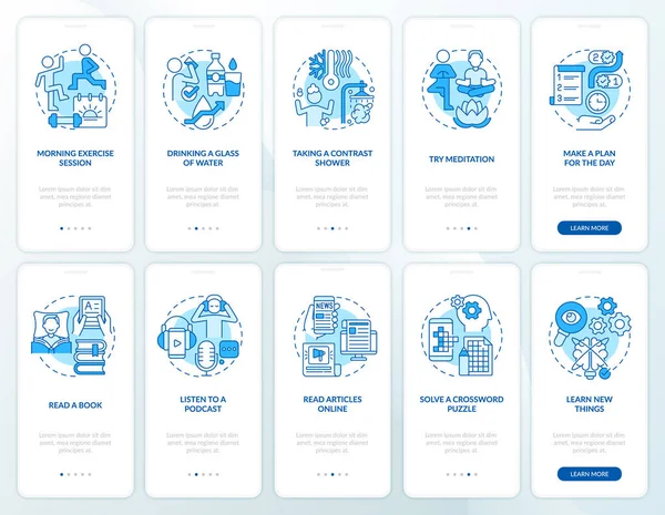 Mobil uygulama ekranında sabah mavisi. Gün, doğrusal kavramlarla birlikte 5 adımda grafik talimatları ile başlar. UI, UX, GUI şablonu. Kullanılan sayısız Pro-Kalın, Düzenli yazı tipleri