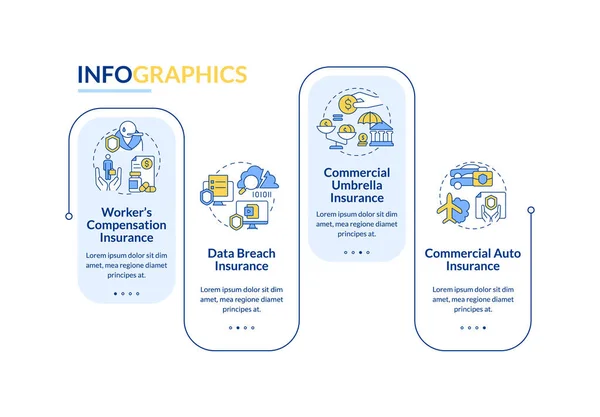 Versicherungsarten Rechteck Infografik Vorlage Sicherheitsbehauptung Datenvisualisierung Schritten Prozess Zeitleiste Infotabelle — Stockvektor