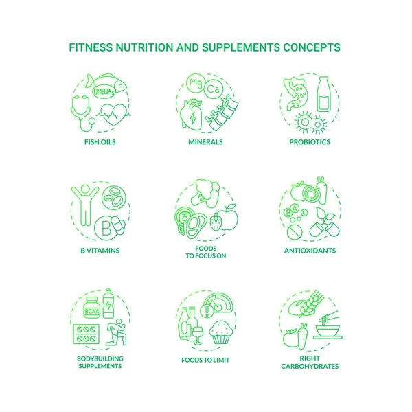 Fitness Nutrición Suplementos Verde Gradiente Iconos Concepto Conjunto Comida Para — Vector de stock
