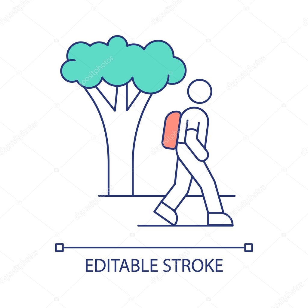 Walking for life balance renovation RGB color icon. Spending time at nature. Harmony and mindfulness. Isolated vector illustration. Simple filled line drawing. Editable stroke. Arial font used