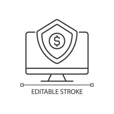 Siber sigorta lineer simgesi. İş yükümlülüğü. Veri hırsızlığı koruması. İnce çizgi özelleştirilebilir illüstrasyon. Contour sembolü. Vektör izole çizim. Düzenlenebilir felç. Kullanılan Arial yazı tipi