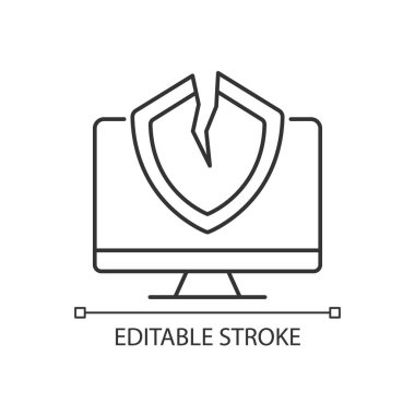 Siber güvenlik savunmasızlığı doğrusal simgesi. Sistem zayıflığı ve kusuru. İnce çizgi özelleştirilebilir illüstrasyon. Contour sembolü. Vektör izole çizim. Düzenlenebilir felç. Kullanılan Arial yazı tipi