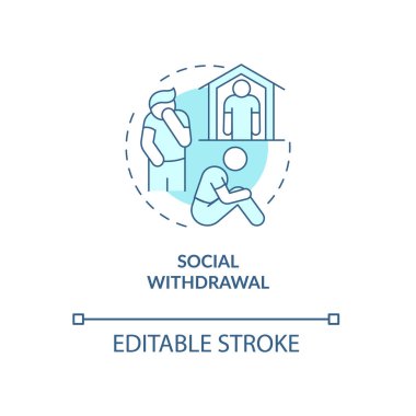 Sosyal yoksunluk turkuaz konsept ikonu. İçe dönük. Kişisel izolasyon soyut fikir ince çizgi çizimi. İzole bir taslak çizim. Düzenlenebilir felç. Kullanılan Roboto-Orta, Myriad Pro-Kalın yazı tipleri
