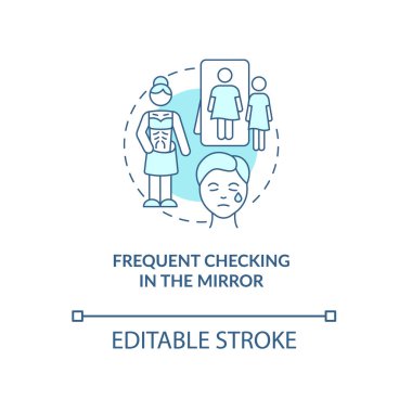 Ayna turkuaz konsept ikonunda sık sık kontrol ediliyor. Negatif vücut görüntüsü soyut fikir ince çizgi çizimi. İzole bir taslak çizim. Düzenlenebilir felç. Kullanılan Roboto-Orta, Myriad Pro-Kalın yazı tipleri