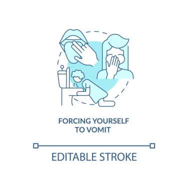 Kendini turkuaz konsept ikonu kusmaya zorluyorsun. Yemekten sonra soyut fikirlerden arınmak ince çizgi çizimi. İzole bir taslak çizim. Düzenlenebilir felç. Kullanılan Roboto-Orta, Myriad Pro-Kalın yazı tipleri