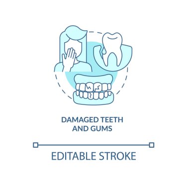 Hasarlı diş turkuazı konsept ikonu. Sakız hastalığı. Caries. Diş problemleri soyut fikir ince çizgi çizimi. İzole bir taslak çizim. Düzenlenebilir felç. Kullanılan Roboto-Orta, Myriad Pro-Kalın yazı tipleri