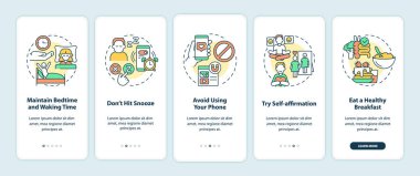 Mobil uygulama ekranında sabah rutini için ipuçları. Fikirler, doğrusal kavramları olan 5 adımda grafik talimatları sayfalarında dolaşır. UI, UX, GUI şablonu. Kullanılan sayısız Pro-Kalın, Düzenli yazı tipleri