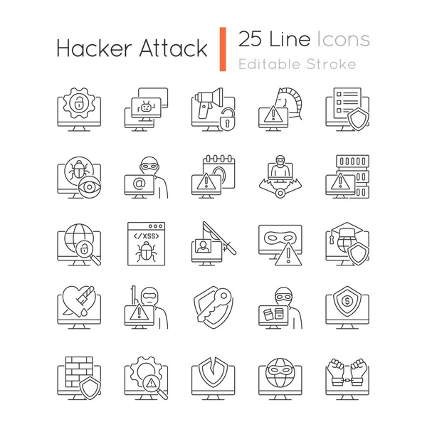 Conjunto Ícones Lineares Ataque Hackers Crime Cibernético Sistema Informático Interrupção — Vetor de Stock