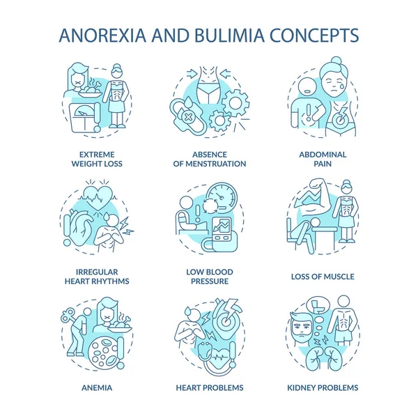 Anorexia Bulimia Nervosa Türkiz Koncepció Ikonok Beállítva Étkezési Zavarok Ötlet — Stock Vector