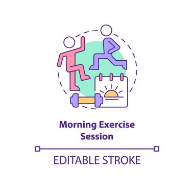 Sabah egzersizi konsept simgesi. Aktif gün soyut fikir ince çizgi illüstrasyonuna başlıyor. İzole bir taslak çizim. Düzenlenebilir felç. Kullanılan Roboto-Orta, Myriad Pro-Kalın yazı tipleri