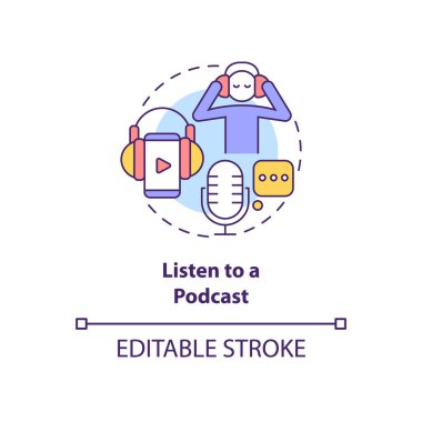 Podcast konsept ikonunu dinleyin. Sabahları soyut ve ince çizgili çizgilerin tadını çıkarıyorum. İzole bir taslak çizim. Düzenlenebilir felç. Kullanılan Roboto-Orta, Myriad Pro-Kalın yazı tipleri