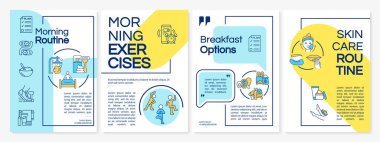 Sabah rutin mavi ve sarı broşür. Hayat ipuçları. Doğrusal simgeli kitapçık baskı tasarımı. Sunum için vektör planları, yıllık raporlar, reklamlar. Kullanılan Düzenli, Lato-Düzenli yazıtipleri