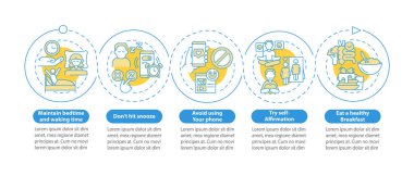 Sabahki rutin daire bilgi şablonu için ipuçları. Veri görselleştirmesi 5 adımda. İşlem zaman çizelgesi bilgi şeması. Satır simgeleriyle çalışma akışı düzeni. Kullanılan Lato Kalın, Düzenli yazı tipleri