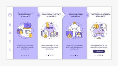 Kaplama tipi mor ve beyaz şablon. Sigortacılık. Doğrusal konsept simgeleriyle cevap veren mobil web sitesi. Web sayfasında 4 basamaklı ekranlar. Kullanılan Lato Kalın, Düzenli yazı tipleri