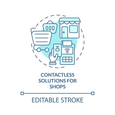 Dükkanlar için temassız çözümler turkuaz konsept simgesi. Dokunulmaz sistem soyut fikir ince çizgi çizimi. İzole bir taslak çizim. Düzenlenebilir felç. Kullanılan Roboto-Orta, Myriad Pro-Kalın yazı tipleri