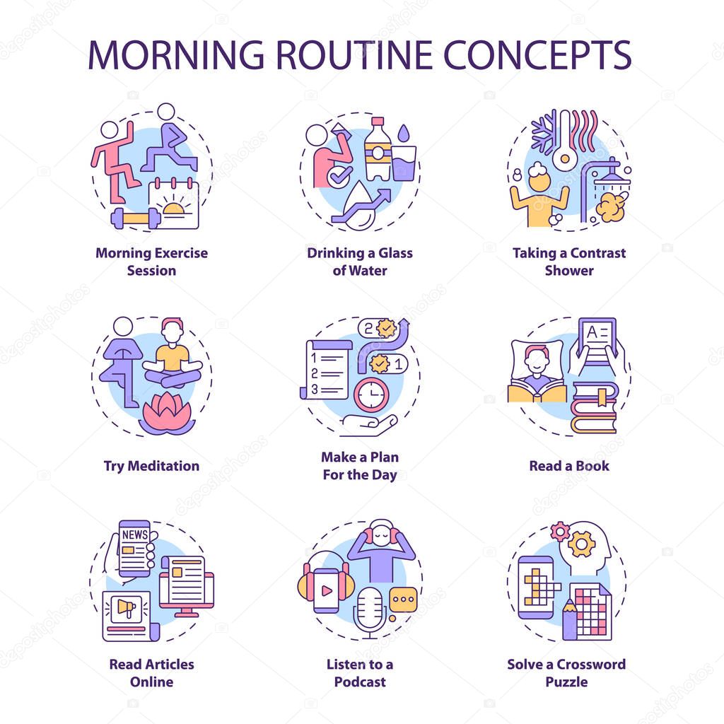 Morning routine concept icons set. Everyday rituals for productivity. Healthy habits idea thin line color illustrations. Isolated outline drawings. Roboto-Medium, Myriad Pro-Bold fonts used