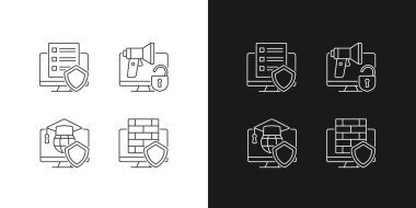 Karanlık ve aydınlık mod için özel veri doğrusal simgelerini koru. Siber politika. Siber güvenlik eğitimi. Özelleştirilebilir ince çizgi sembolleri. İzole vektör çizimi çizimleri. Düzenlenebilir vuruş