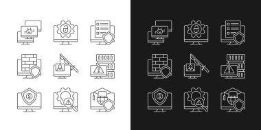 Siber suç ve önleme lineer simgeleri karanlık ve aydınlık moduna ayarlandı. Phishing ve Dos saldırıyor. Özelleştirilebilir ince çizgi sembolleri. İzole vektör çizimi çizimleri. Düzenlenebilir vuruş