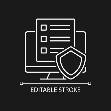 Karanlık tema için siber politika beyaz doğrusal simgesi. Kullanıcıları korumak için kurallar. İnce çizgi özelleştirilebilir illüstrasyon. Gece modu için izole vektör kontur sembolü. Düzenlenebilir felç. Kullanılan Arial yazı tipi