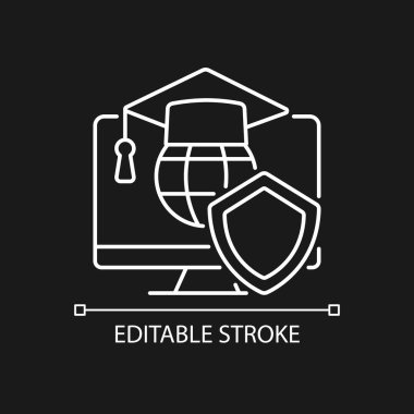 Karanlık tema için siber güvenlik eğitimi beyaz doğrusal simge. Siber suçları önleme. İnce çizgi özelleştirilebilir illüstrasyon. Gece modu için izole vektör kontur sembolü. Düzenlenebilir felç. Kullanılan Arial yazı tipi