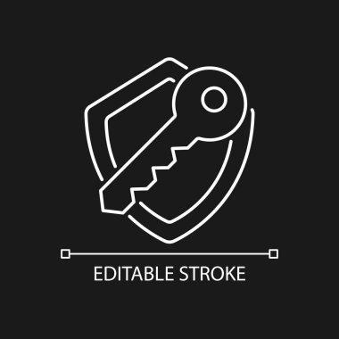 Koyu tema için şifreleme anahtarı beyaz doğrusal simgesi. Veri çalma önlemi. İnce çizgi özelleştirilebilir illüstrasyon. Gece modu için izole vektör kontur sembolü. Düzenlenebilir felç. Kullanılan Arial yazı tipi