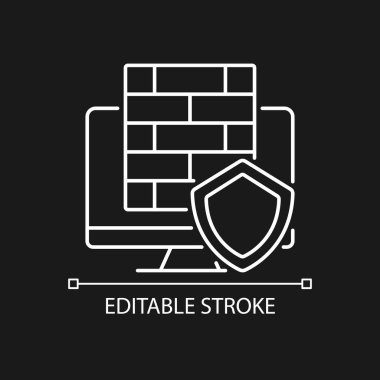 Koyu tema için Firewall beyaz doğrusal simgesi. Koruyucu yazılım, donanım. İnce çizgi özelleştirilebilir illüstrasyon. Gece modu için izole vektör kontur sembolü. Düzenlenebilir felç. Kullanılan Arial yazı tipi