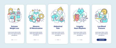 Mobil uygulama ekranında anoreksi belirtileri var. Aşırı kilo kaybı. Çizgisel kavramları olan 5 adımlık grafik talimatları sayfaları. UI, UX, GUI şablonu. Kullanılan sayısız Pro-Kalın, Düzenli yazı tipleri