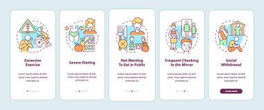 Mobil uygulama ekranında anoreksi duygusal ve davranışsal semptomlar var. Çizgisel kavramlarla dolu 5 aşamalı grafik talimatları. UI, UX, GUI şablonu. Kullanılan sayısız Pro-Kalın, Düzenli yazı tipleri