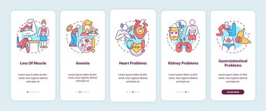 Mobil uygulama ekranında anorexia komplikasyonları. Kas kaybı. Çizgisel kavramları olan 5 adım grafik talimatları sayfaları. UI, UX, GUI şablonu. Kullanılan sayısız Pro-Kalın, Düzenli yazı tipleri