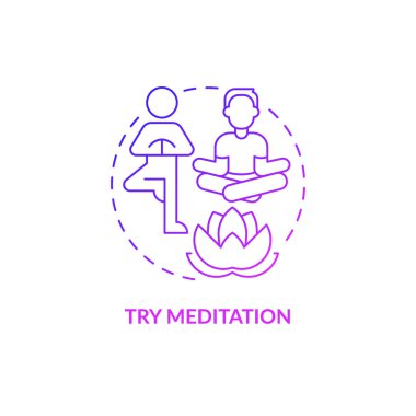 Meditasyon mor gradyan konsept simgesini deneyin. İlham verici bir sabah rutini. Zihin ve vücut dengesi soyut fikir ince çizgi çizimi. İzole bir taslak çizim. Kullanılan Roboto-Orta, Myriad Pro-Kalın yazı tipleri