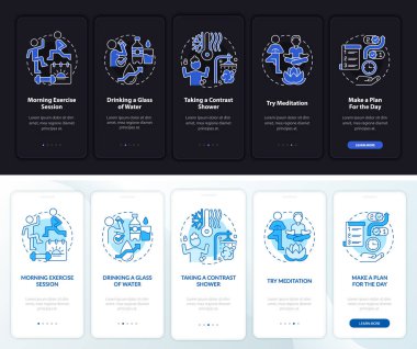 Mobil uygulama ekranında günlük rutin gece ve gündüz modu. Wellness 5 aşamalı grafik talimatları sayfaları doğrusal kavramlarla birlikte. UI, UX, GUI şablonu. Kullanılan sayısız Pro-Kalın, Düzenli yazı tipleri