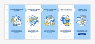 Günlük rutin mavi ve beyaz şablon. Sağlık alışkanlıkları işte. Doğrusal konsept simgeleriyle cevap veren mobil web sitesi. Web sayfasında 5 basamaklı ekranlar. Kullanılan Lato Kalın, Düzenli yazı tipleri