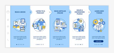 Sabah rutin fikirler mavi ve beyaz şablon üzerinde. Sağlıklı bir yaşam tarzı. Doğrusal konsept simgeleriyle cevap veren mobil web sitesi. Web sayfasında 5 basamaklı ekranlar. Kullanılan Lato Kalın, Düzenli yazı tipleri