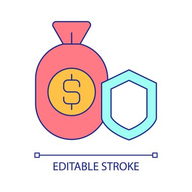 Ticari sigorta RGB renk simgesi. Ödeme sigortası. Mali destek ve güvence. Para politikası. İzole vektör çizimi. Basit bir çizgi çizimi. Düzenlenebilir felç. Kullanılan Arial yazı tipi