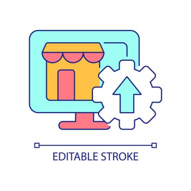 Çevrimiçi mağaza performans geliştirme RGB renk simgesi. Perakende girişimde verimliliği artırır. İzole vektör çizimi. Basit bir çizgi çizimi. Düzenlenebilir felç. Kullanılan Arial yazı tipi