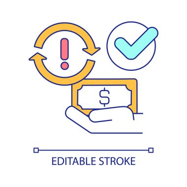 Güvenli para değişimi RGB renk simgesi. Finansal işlem riski. Ticari sigorta. İzole vektör çizimi. Basit bir çizgi çizimi. Düzenlenebilir felç. Kullanılan Arial yazı tipi